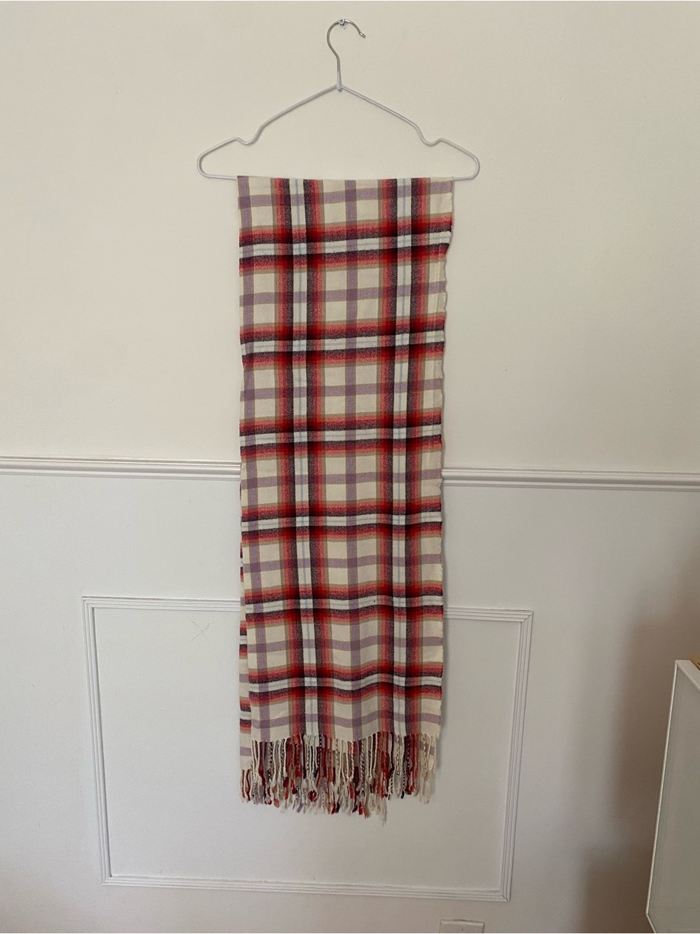 Plaid Fringe Winter Scarf - Red and Cream